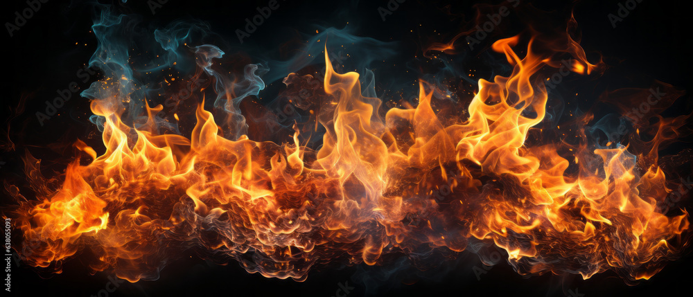 Closeup of burning flames, fire background banner long.generative aI Closeup of burning flames, fire background banner long.generative aI