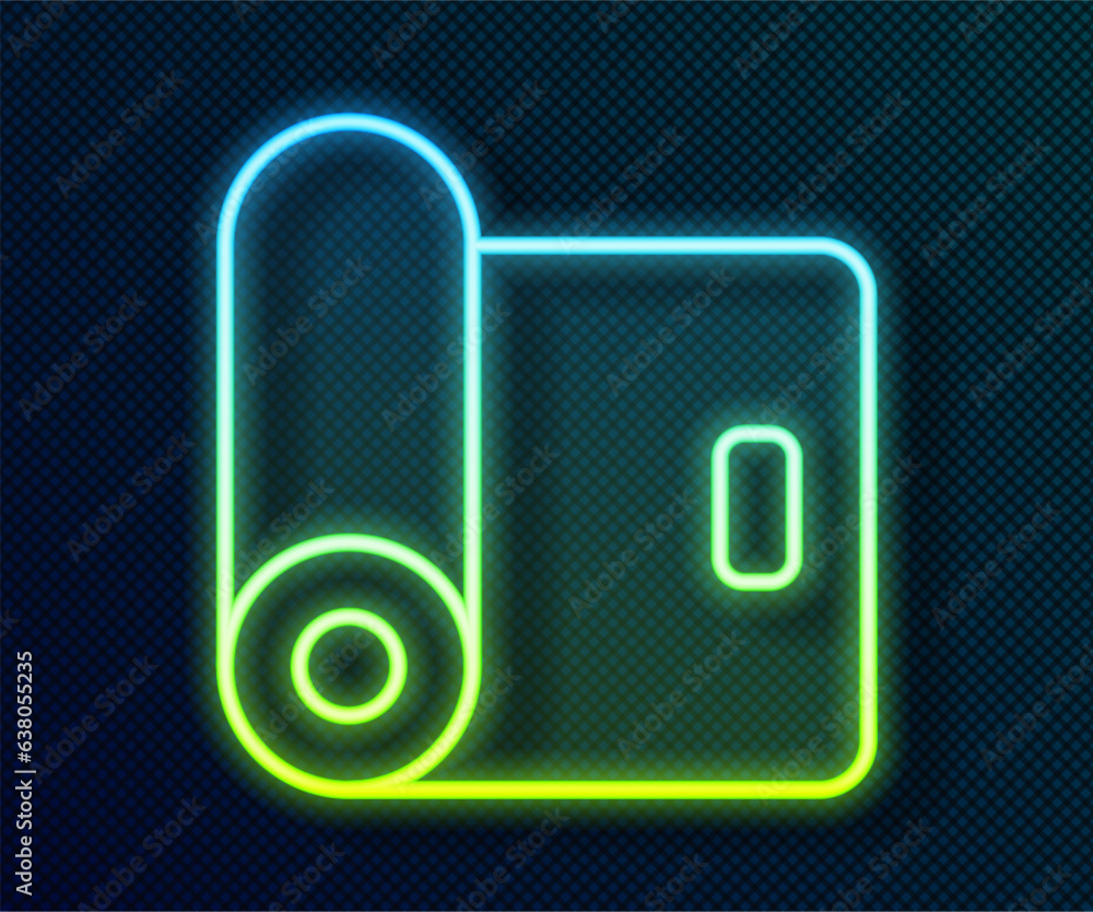 Glowing neon line Fitness mat roll icon isolated on black background. Yoga mat rolled. Sport equipment. Vector Glowing neon line Fitness mat roll icon isolated on black background. Yoga mat rolled. Sport equipment. Vector