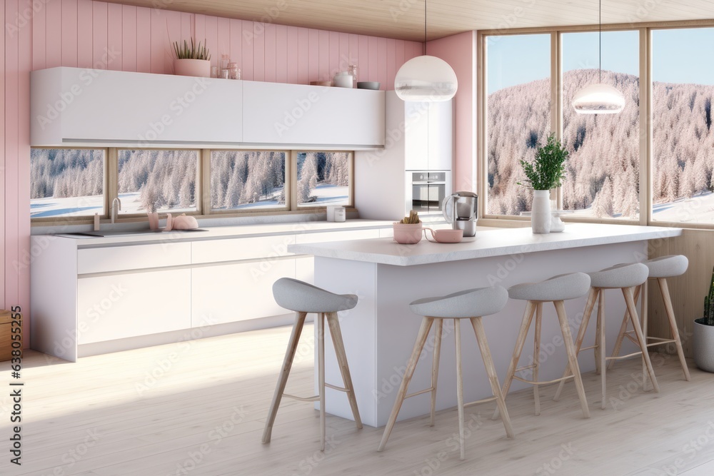 Fototapeta premium This cozy kitchen, with its inviting bar and stylish stools, features a warm and inviting design with an eye-catching wall, comfortable furniture, and stunning cabinetry, providing the perfect space 