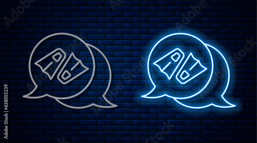 Glowing neon line Rubber flippers for swimming icon isolated on brick wall background. Diving equipment. Extreme sport. Diving underwater equipment. Vector