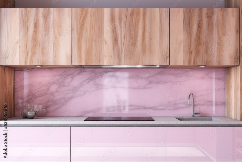 A vibrant pink kitchen with wooden cabinetry, a sparkling sink, and a sparkling countertop that radiates warmth and homely comfort A vibrant pink kitchen with wooden cabinetry, a sparkling sink, and a sparkling countertop that radiates warmth and homely comfort