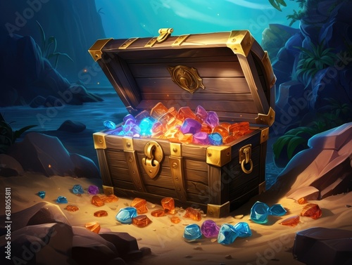 An open Treasure Chest filled with a lot of with gems burried in a sand hole photo