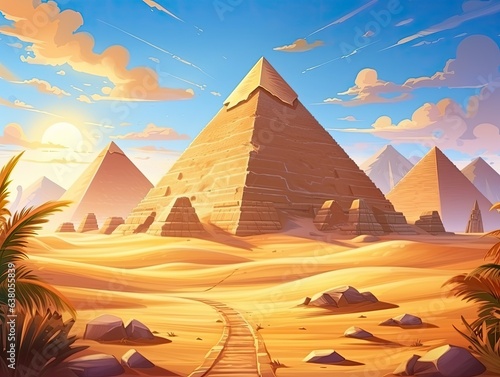 Ancient Pyramids between golden dunes in a hot desert