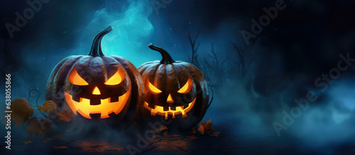 Halloween scene with creepy pumpkins on a dark blue night with fog in the background