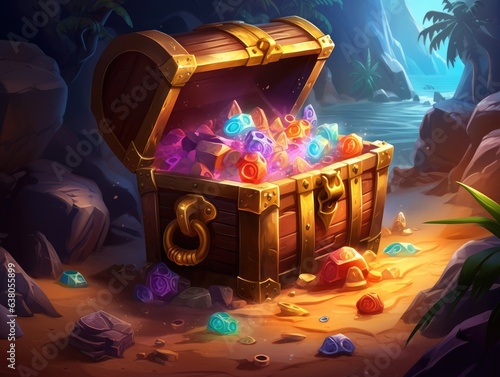 An open Treasure Chest filled with a lot of with gems burried in a sand hole