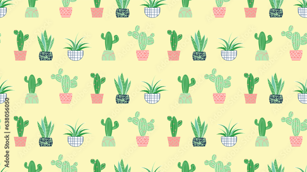 Succulents seamless pattern. Succulent ornament, floral pattern with beautiful plants. Succulents of various shapes. Potted plants. Cactus potted. Blooming
cacti, popular house plants.