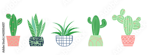 Succulents of various shapes. Potted plants. Cactus potted. Vector hand drawn illustration isolated on white background.