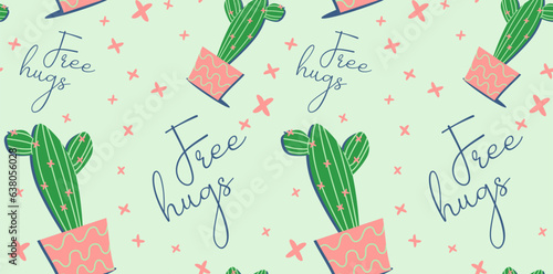 Succulent ornament, floral pattern with beautiful plants and text. Succulents of various shapes. Potted plants. Cactus potted.  Blooming cacti. popular house plants.