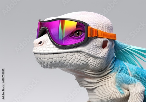 Portrait of an iguana in profile. Funny lizard with sunglasses. Digital art. Illustration for cover, card, flyer, poster or print on t-shirt, bag, etc.