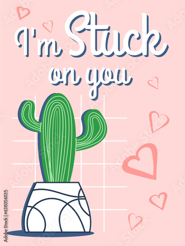 Declaration of love card with cactus. Vector hand drawn illustration in green and pink colors.Potted plants. Cactus potted.