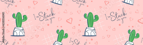 Succulent ornament, floral pattern with beautiful plants and text. Succulents of various shapes. Potted plants. Cactus potted.  Blooming cacti. popular house plants.
