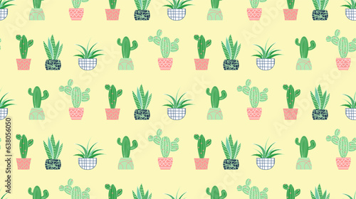 Succulents seamless pattern. Succulent ornament, floral pattern with beautiful plants. Succulents of various shapes. Potted plants. Cactus potted. Blooming
cacti, popular house plants.