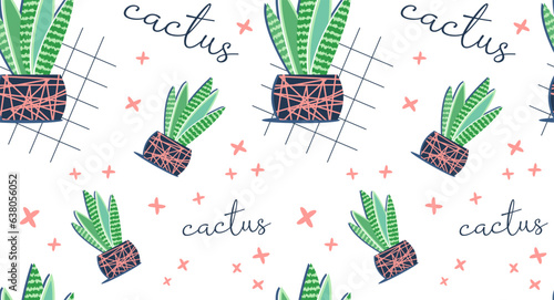 Succulent ornament, floral pattern with beautiful plants and text. Succulents of various shapes. Potted plants. Cactus potted.  Blooming cacti. popular house plants.