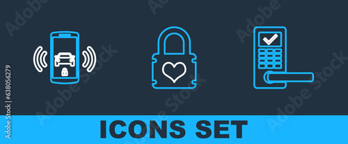 Set line Digital door lock with wireless, Smart car alarm system and Padlock heart icon. Vector