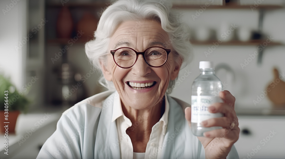 An elderly smiling woman holds a white bottle of pills against the background of the kitchen. An elderly smiling woman holds a white bottle of pills against the background of the kitchen.