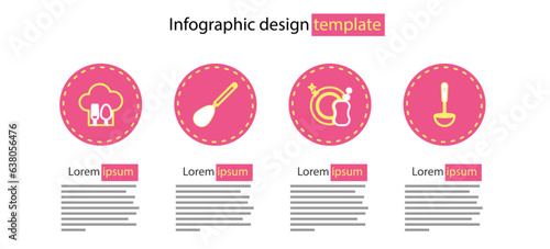 Set line Washing dishes, Kitchen ladle, whisk and Chef hat with fork and spoon icon. Vector