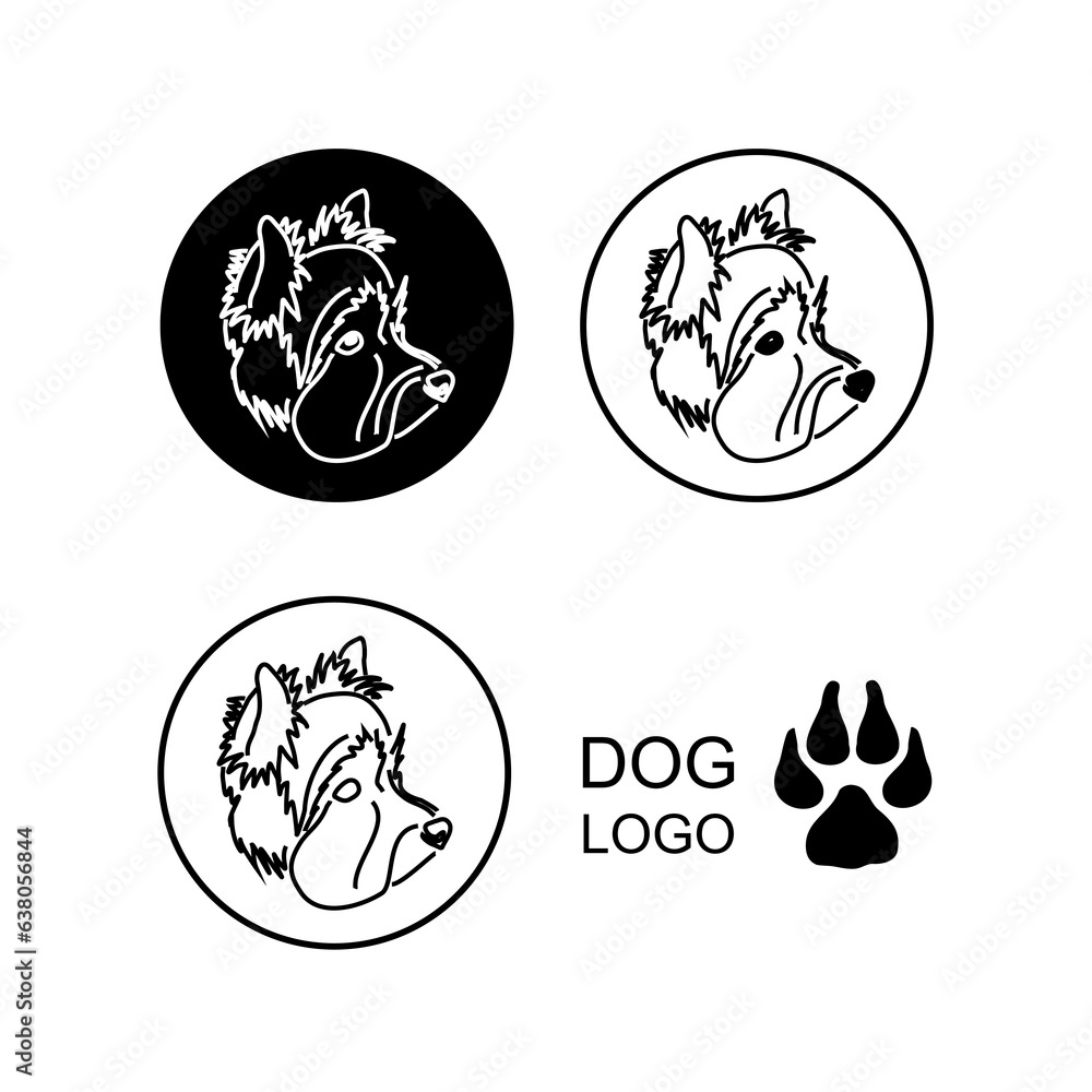 Round logo of a cute Yorkshire terrier black and white. Vector set of glamorous dog pet icon