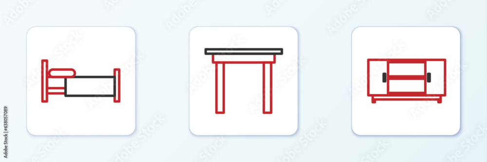 Set line TV table stand, Bed and Wooden icon. Vector Set line TV table stand, Bed and Wooden icon. Vector