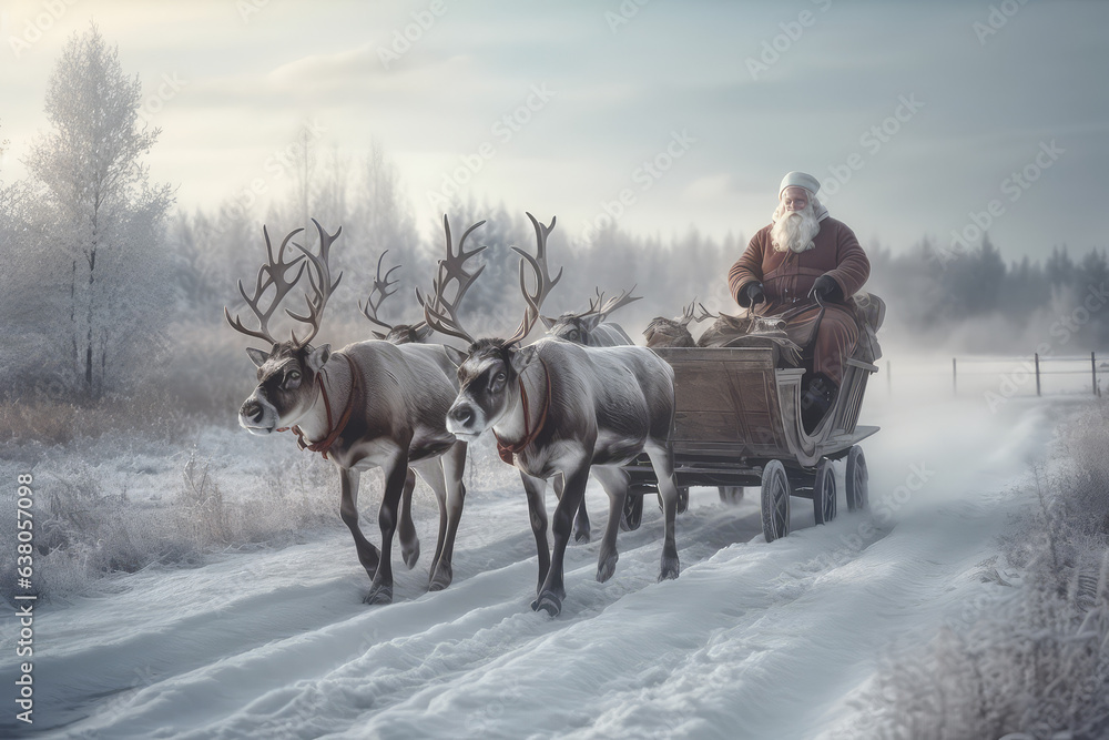 Santa claus driving deer on Christmas day's, delivering presents. winter wonderland snowy landscape. Merry Christmas,delivery. Generative AI. Santa claus driving deer on Christmas day's, delivering presents. winter wonderland snowy landscape. Merry Christmas,delivery. Generative AI.