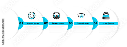 Set line Car tire, Windscreen wiper, Steering wheel and icon. Vector