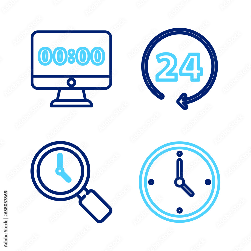 Set line Clock, Magnifying glass with clock, 24 hours and on monitor icon. Vector Set line Clock, Magnifying glass with clock, 24 hours and on monitor icon. Vector