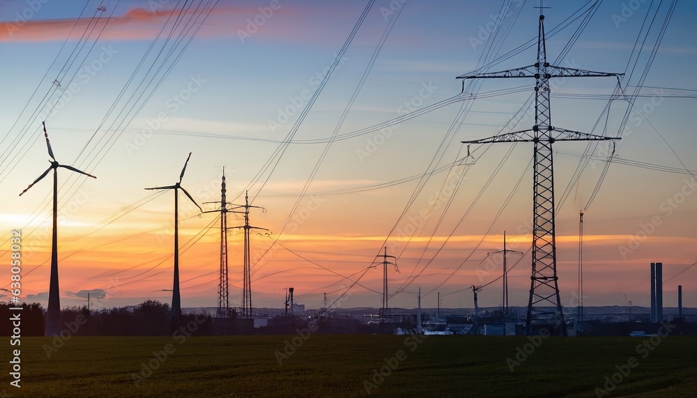 electric  wind turbines industrial landscape with power lines, high voltage towers on sunset sky background with defocused city lights