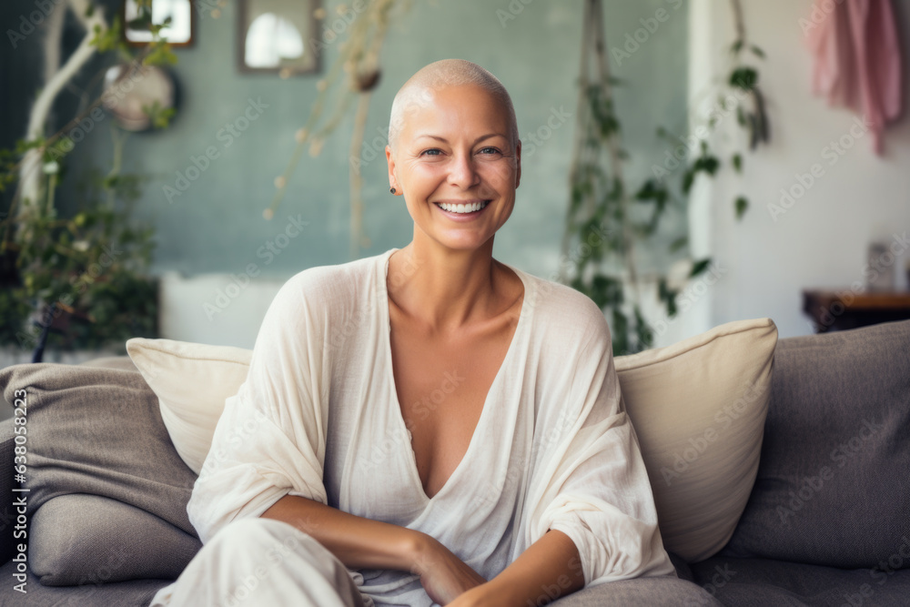 Portrait of a strong, beautiful smiling woman with no hair, cancer survivor, sitting on the sofa in her home. Portrait of a strong, beautiful smiling woman with no hair, cancer survivor, sitting on the sofa in her home.