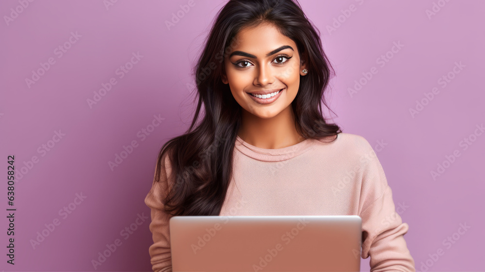 Happy Indian woman with laptop computer working or studying online on lilac background.generative ai Happy Indian woman with laptop computer working or studying online on lilac background.generative ai