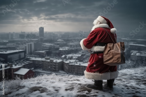 Santa Claus on the roof climbs into the chimney. new year delivery shopping for the holidays. Generative AI.