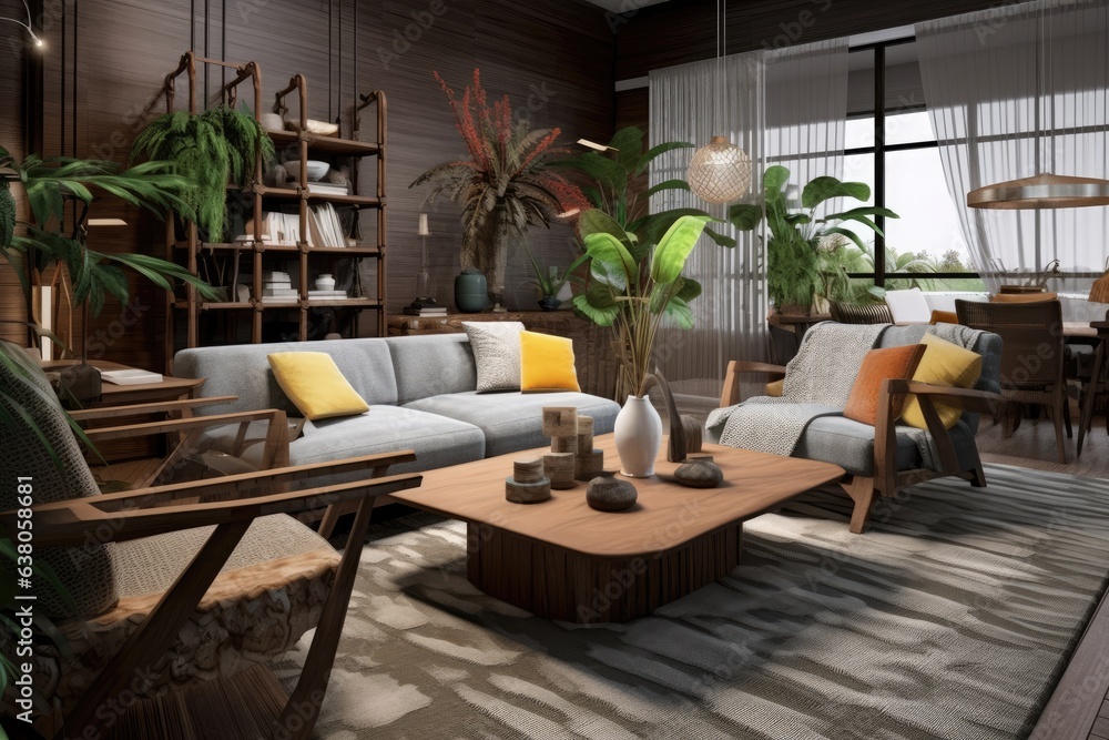 Armchair made of rattan, gray couch, cube, and plaid pillows Tropical plants, macramé, and exquisite decorations make up the stylish and innovative living room setting. A lovely interior. Interior