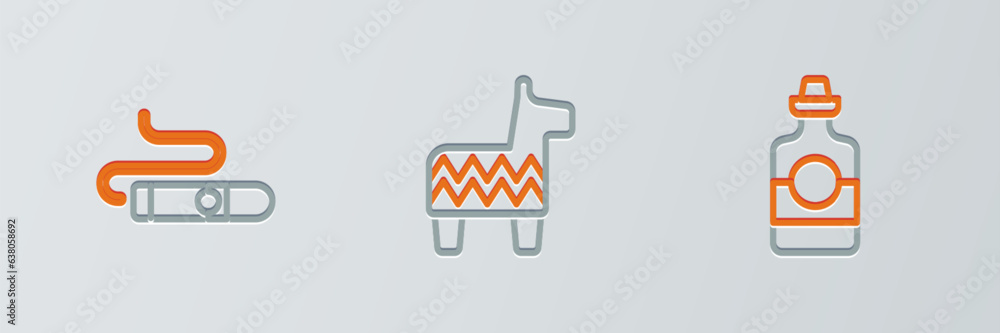 Set line Tequila bottle, Cigar and Pinata icon. Vector Set line Tequila bottle, Cigar and Pinata icon. Vector
