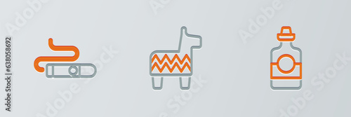 Set line Tequila bottle, Cigar and Pinata icon. Vector