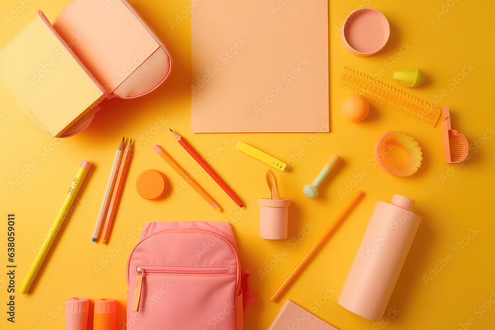 School supplies on minimalism background, top wie . Back to school concept place for text. Pink orange and yellow colors. Generative AI. - obrazy, fototapety, plakaty 