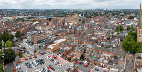 Aerial panorama of Wakefield city centre in West Yorkshire