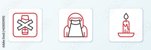Set line Burning candle, No alcohol and Muslim woman niqab icon. Vector