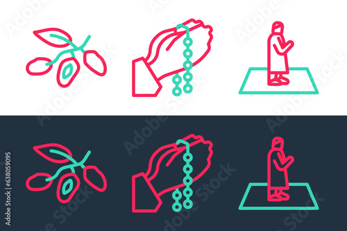 Set line Muslim man prays, Date fruit and Hands in praying position icon. Vector