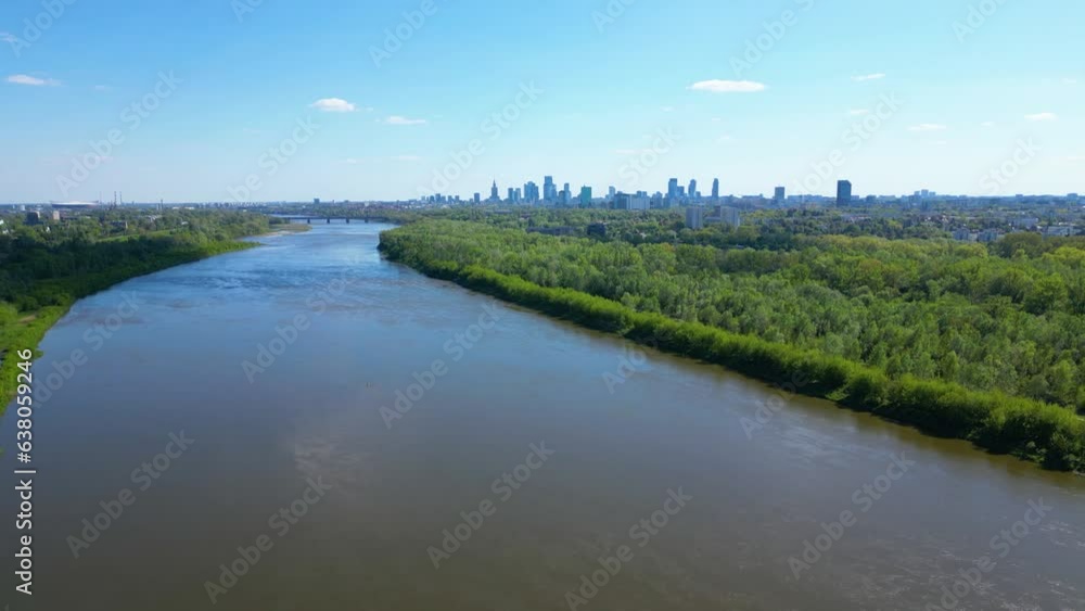 Warsaw Poland. Aerial view of cityscape with bridges and river at sunrise on a foggy morning. Drone landscape shot in the city. Warsaw Poland. Aerial view of cityscape with bridges and river at sunrise on a foggy morning. Drone landscape shot in the city.