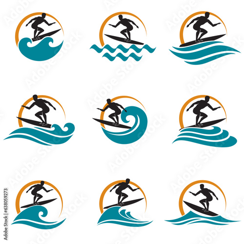 collection of surfing emblems with sea wave isolated on white background