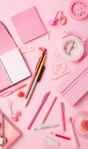 School supplies on minimalism background, top wie . Back to school concept place for text. Pink pastel colors. Generative AI.