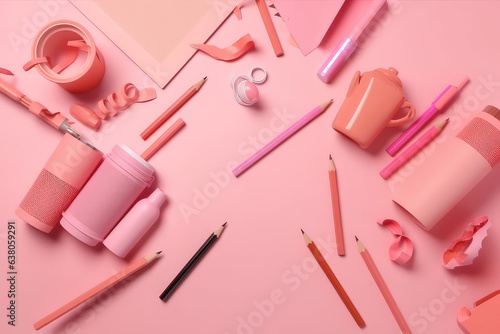 School supplies on minimalism background, top wie . Back to school concept place for text. Pink pastel colors. Generative AI. © MoreThanProd
