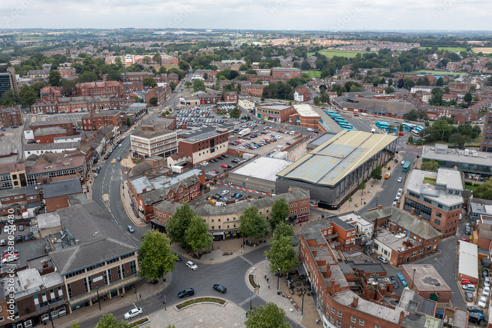 Fototapeta premium Aerial panorama of Wakefield city centre in West Yorkshire