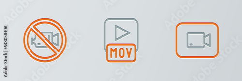 Set line Play video button, Prohibition no recording and MOV file icon. Vector