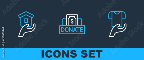Set line Clothes donation, Shelter for homeless and Donation and charity icon. Vector