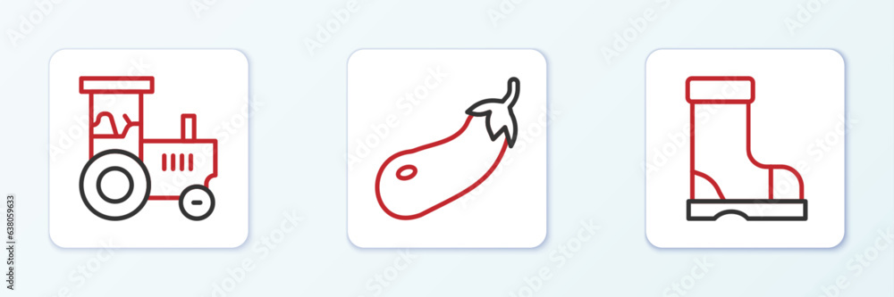 Set line Waterproof rubber boot, Tractor and Eggplant icon. Vector Set line Waterproof rubber boot, Tractor and Eggplant icon. Vector