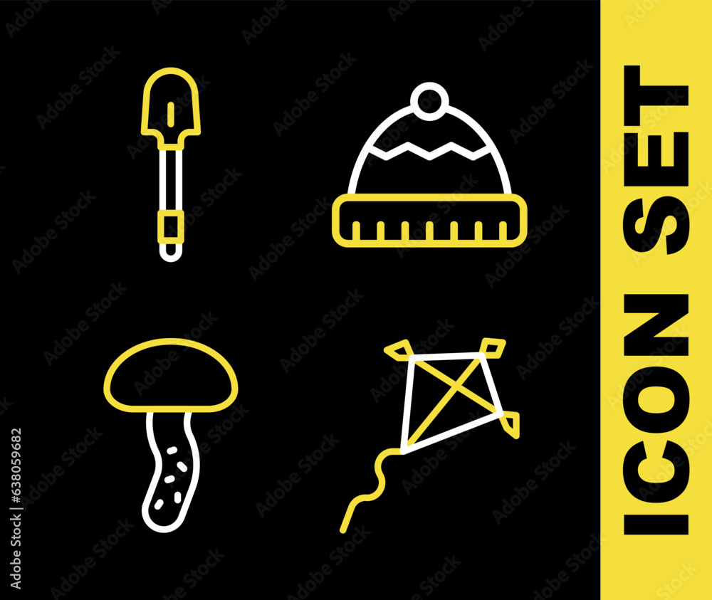 Set line Winter hat, Kite, Mushroom and Shovel icon. Vector Set line Winter hat, Kite, Mushroom and Shovel icon. Vector