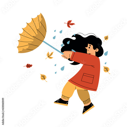 Cute Girl Character with Umbrella Enjoy Autumn Stormy Season Vector Illustration