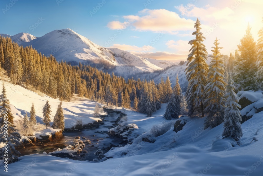 Gorgeous early morning winter scene with snow covered pine trees. In a winter valley, natural beauty at its best. Soft light effects that are breathtaking in a natural setting