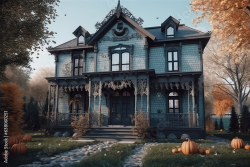 Old clothes decorated for Halloween, big scary abandoned haunted house. Generative AI..