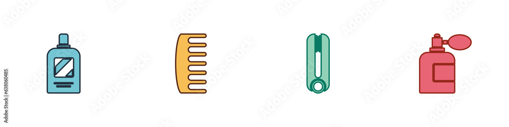 Set Bottle of shampoo, Hairbrush, Curling iron for hair and Aftershave bottle with atomizer icon. Vector Set Bottle of shampoo, Hairbrush, Curling iron for hair and Aftershave bottle with atomizer icon. Vector