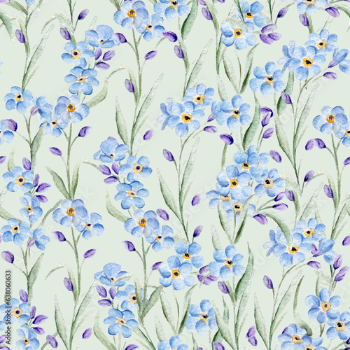 Seamless background with watercolor forget-me-not. Beautiful pattern. Summer, cute, sky blue little flowers. Hand painted. Raster illustration. Perfect for wrapping paper, decor, textile, web design.